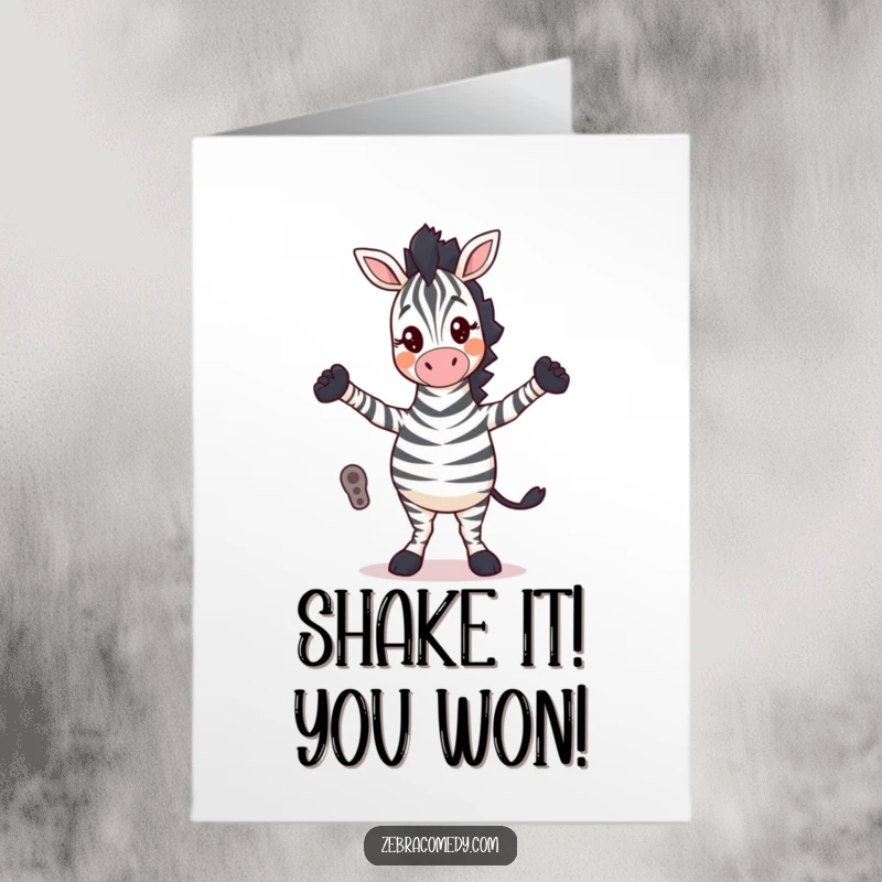 Funny Free Printable Congratulations Card: A zebra character busts a move with a silly dance, legs crossed, celebrating achievements with humor.