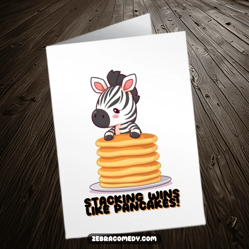 Funny Free Printable Congratulations Card featuring a tiny zebra balancing a precarious stack of pancakes, a sweet success.