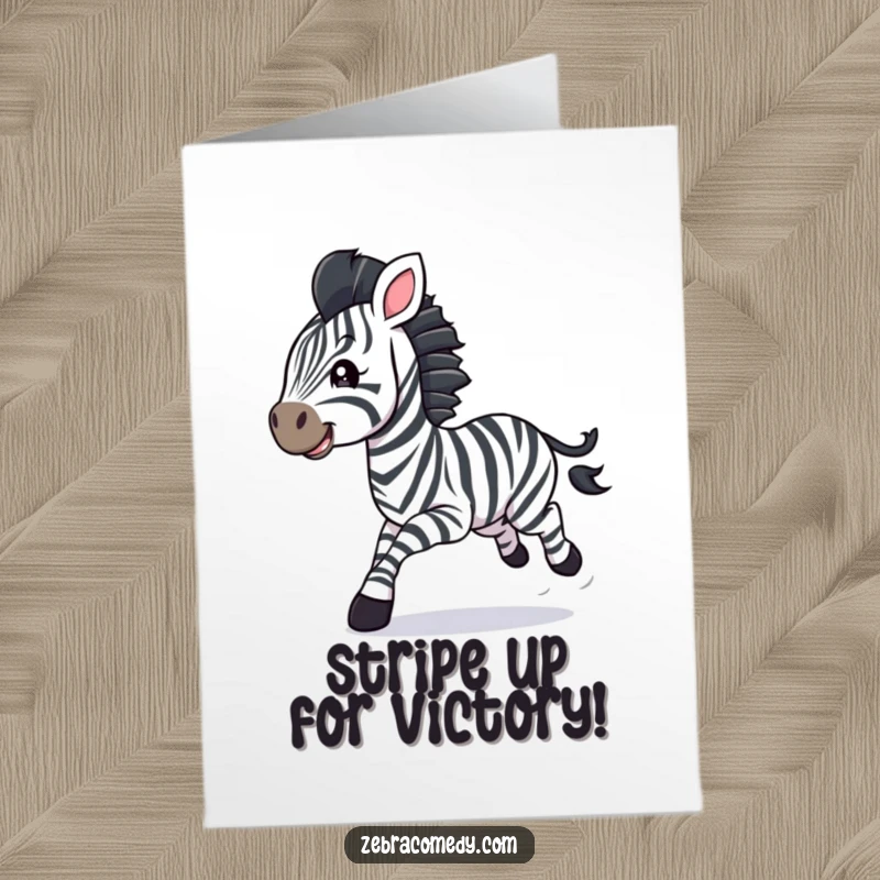 Funny Free Printable Congrats Card: A zebra cub gleefully gallops with streamers flowing behind it.