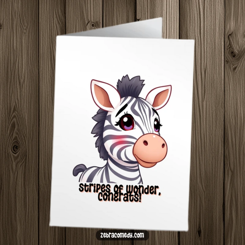 Funny Free Printable Congrats Card: A cute zebra with perked stripy ears gazes upwards in pure wonder.