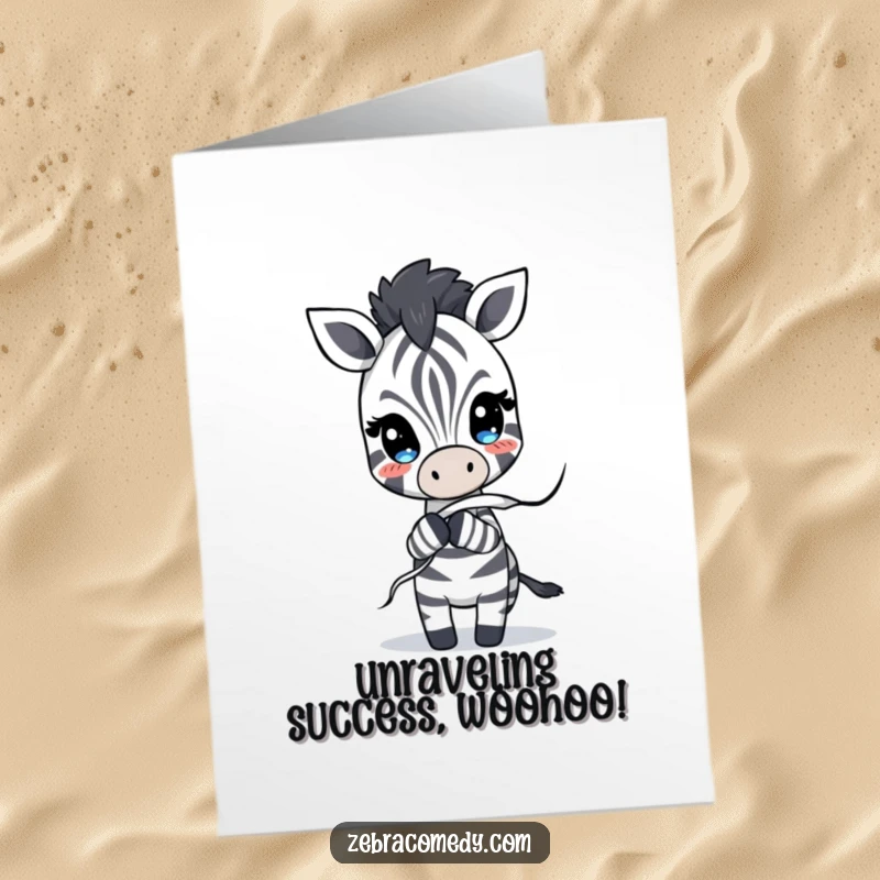 Funny Free Printable Congratulations Card: A zebra gently pulling a stripe that is unraveling, showcasing humorous chaos.