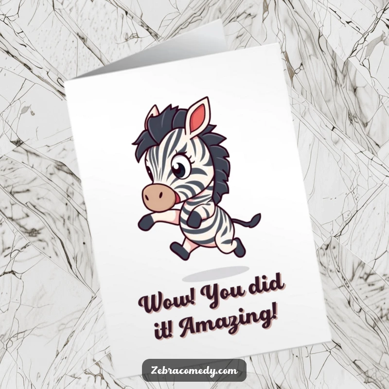 Funny Free Printable Congratulations Card: A startled zebra character dramatically leaping backwards, eyes wide in playful shock, celebrating success unexpectedly.