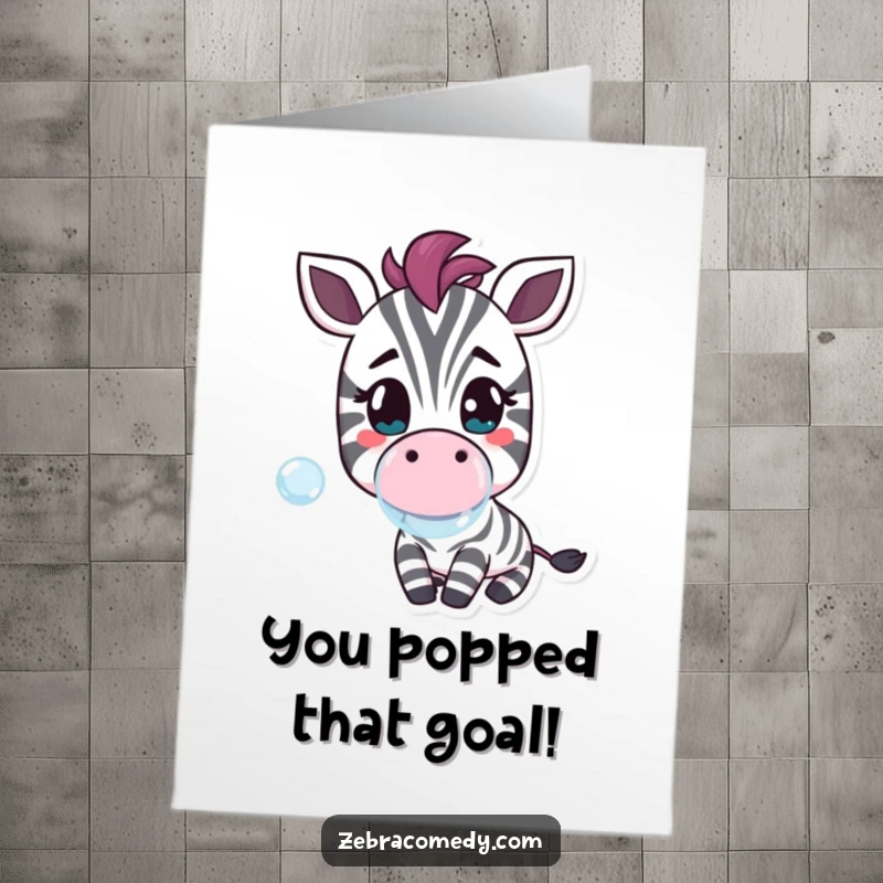 Funny Free Printable Congrats Card: Happy zebra character blows a big bubble, celebrating success with downloadable art.