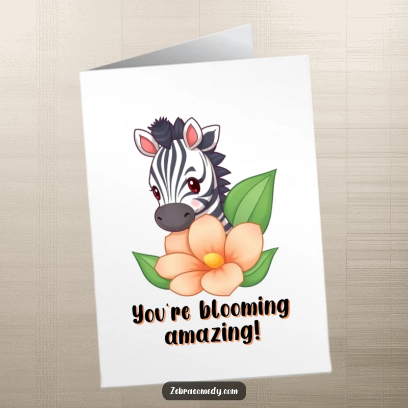 Funny free printable congratulations card: A playful zebra peeking out from behind an oversized, colorful striped flower.