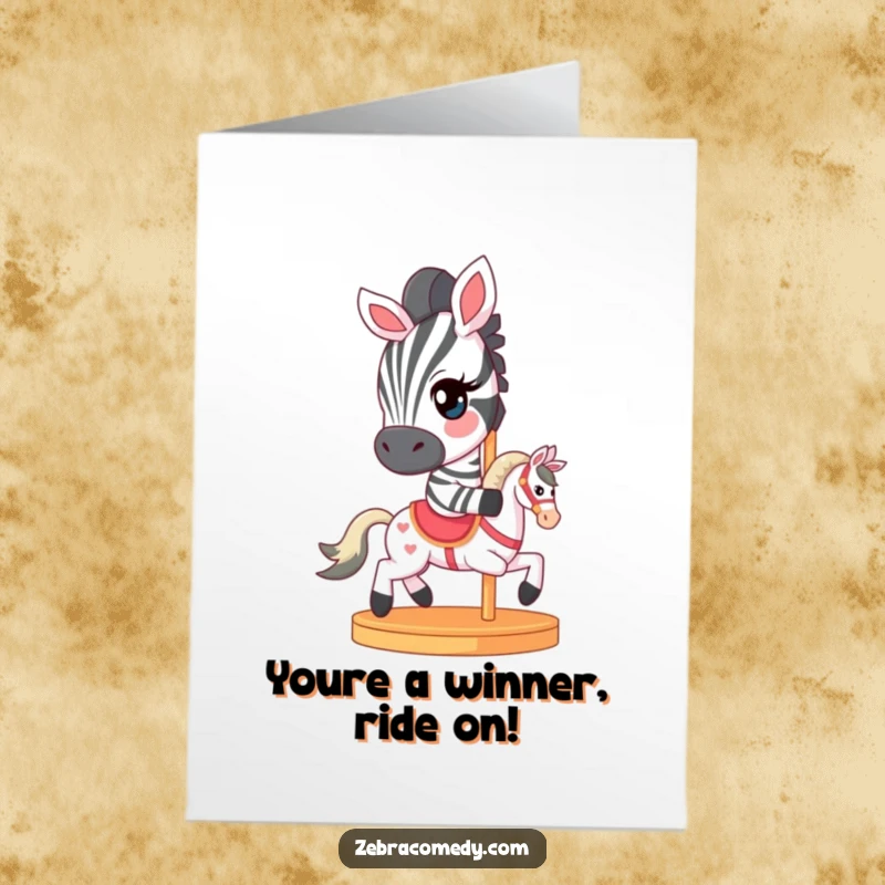 Funny Free Printable Congratulations Card: A zebra giving a mischievous wink while riding a small carousel horse.