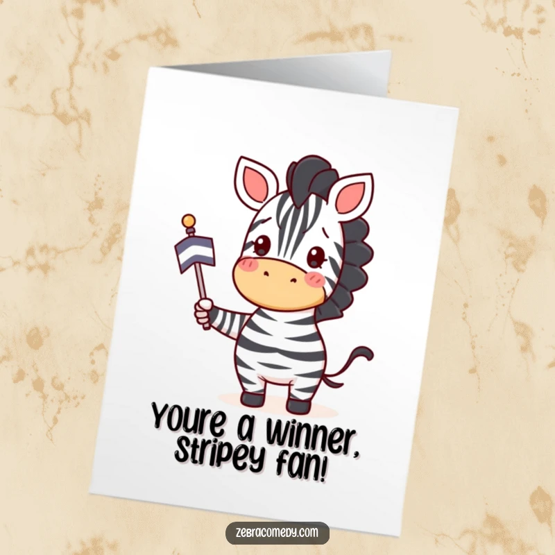 Funny Free Printable Congrats Card: Enthusiastic zebra waving a striped flag, celebrating a big win with joy. A fun congratulation.