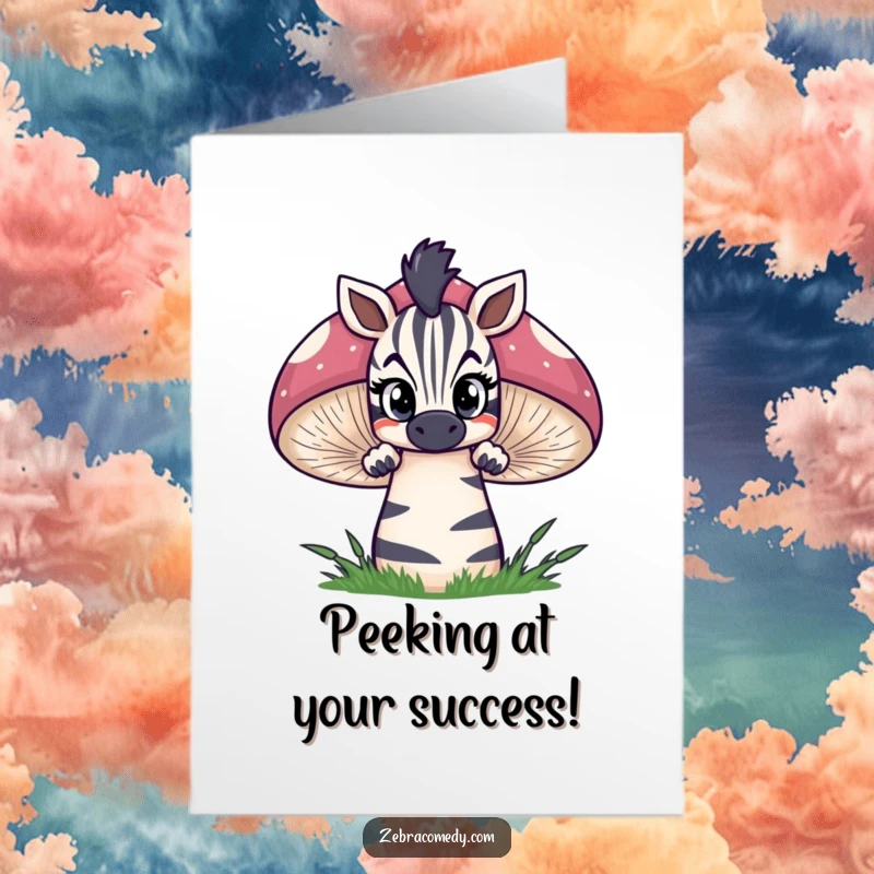 Free printable congratulations card featuring a zebra peeking over a large, striped mushroom with wide, curious eyes.
