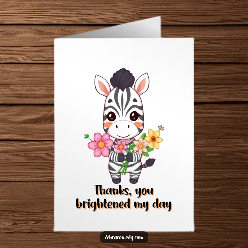 Funny Free Printable Thank You Card featuring a goofy zebra holding a bright bouquet of flowers, a delightful thank you.