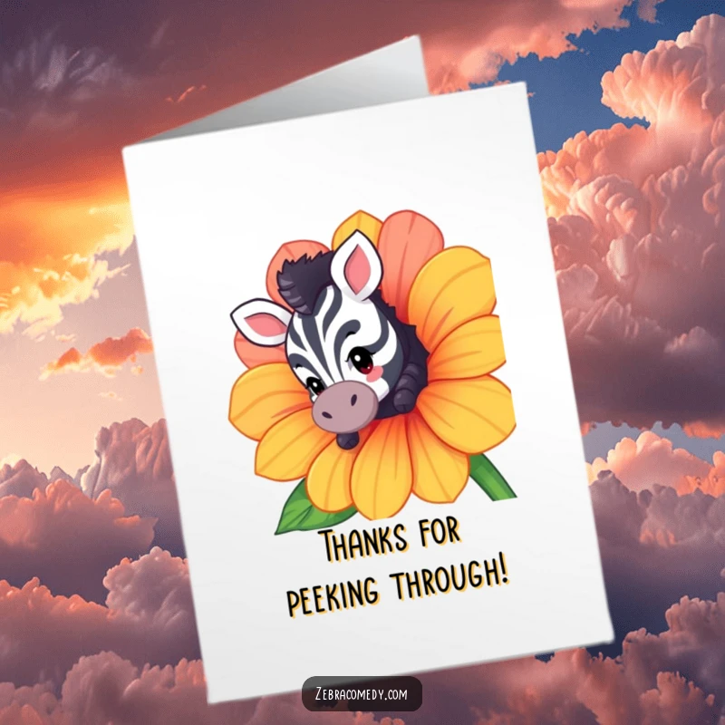 Funny Free Printable Thank You Card: A curious zebra peeks from behind a vibrant flower, expressing thanks with downloadable art.