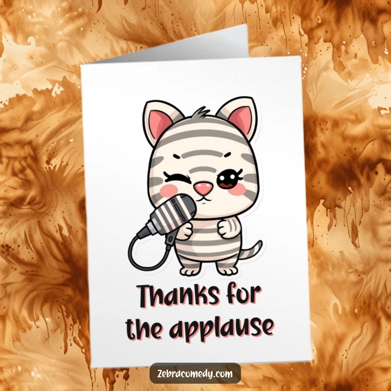 Funny Free Printable Thank You Card: Striped character winks, balancing a microphone, a funny thank you.