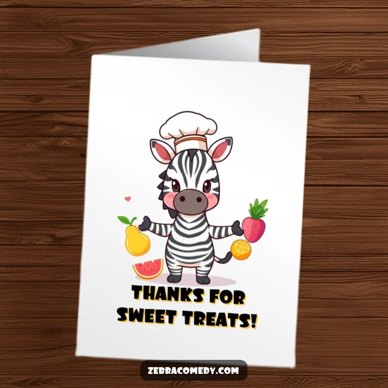 Funny Free Printable Thank You Card: A zebra chef wearing a small hat juggles colorful fruit, conveying thanks with playful skill.