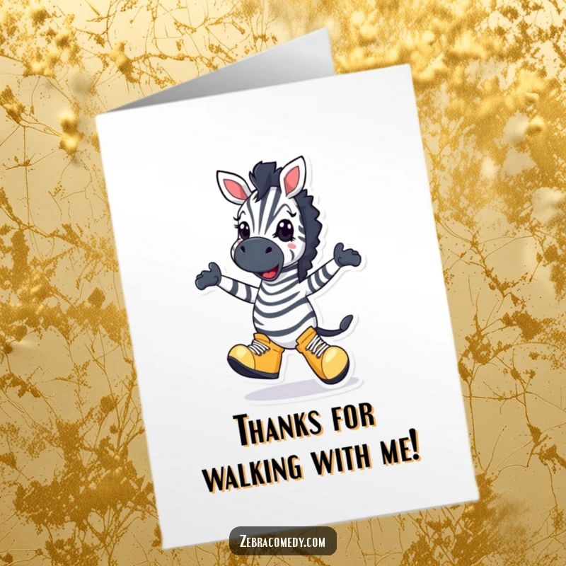 Funny Free Printable Thank You Card: A grinning zebra wearing comically large shoes is caught mid-silly-dance, expressing thanks with joy.