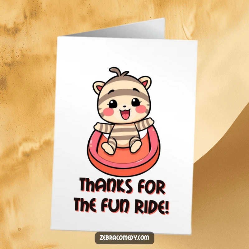 Funny Free Printable Thank You Card: a striped character slides down a rainbow, conveying a hilariously grateful message.