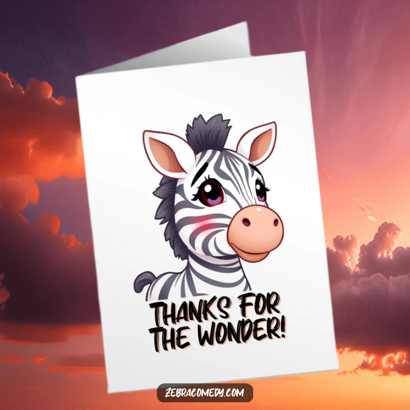 Funny Free Printable Thank You Card: A cute zebra with stripy ears perked, looking up with wide-eyed wonder.