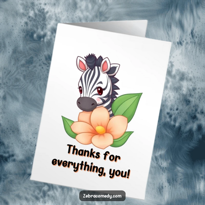 Funny free printable thank you card: A shy zebra peeking from behind a large, beautifully striped flower.