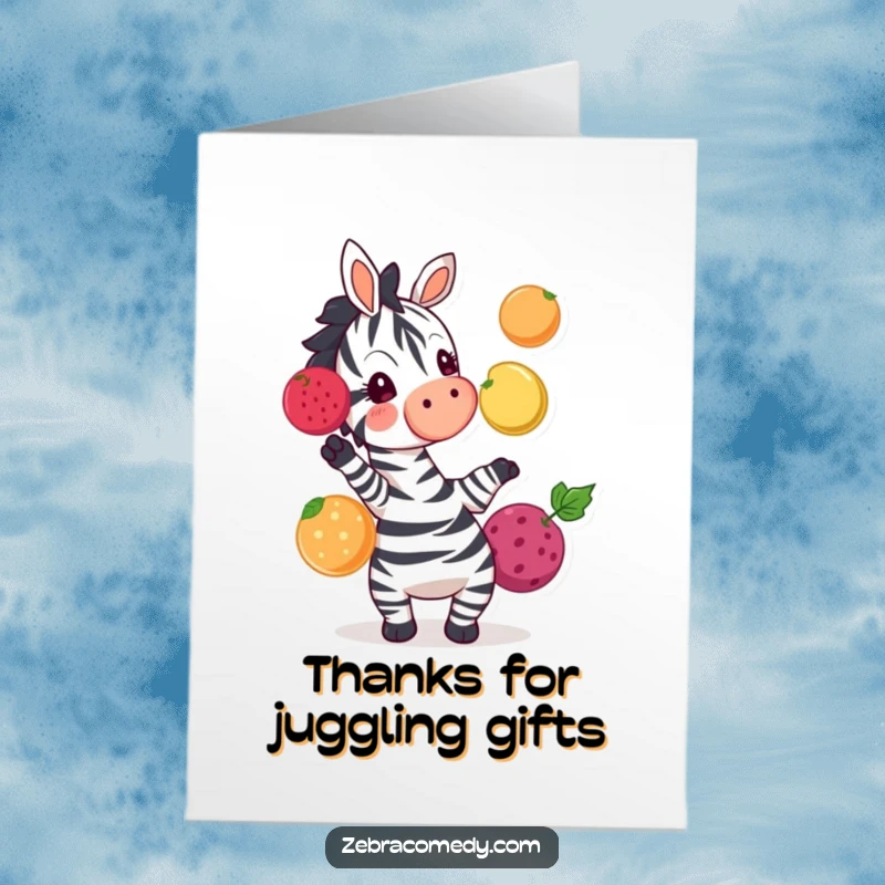 Funny Free Printable Thank You Card: A happy zebra character is skillfully juggling three colorful fruits.