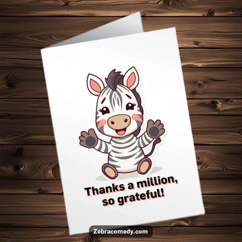 Funny Free Printable Thank You Card: A delighted zebra with hooves clapping, conveying heartfelt thanks with pure, unbridled enthusiasm.