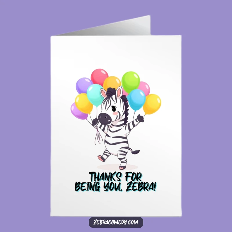 Free Printable Thank You Card: Dancing Zebra with Balloons - Funny Downloadable Gift!