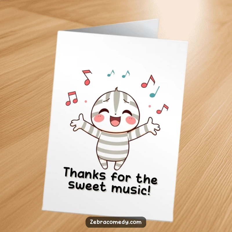 Funny Free Printable Thank You Card: a striped character shares thanks with joyful abandon amidst a cascade of musical notes.