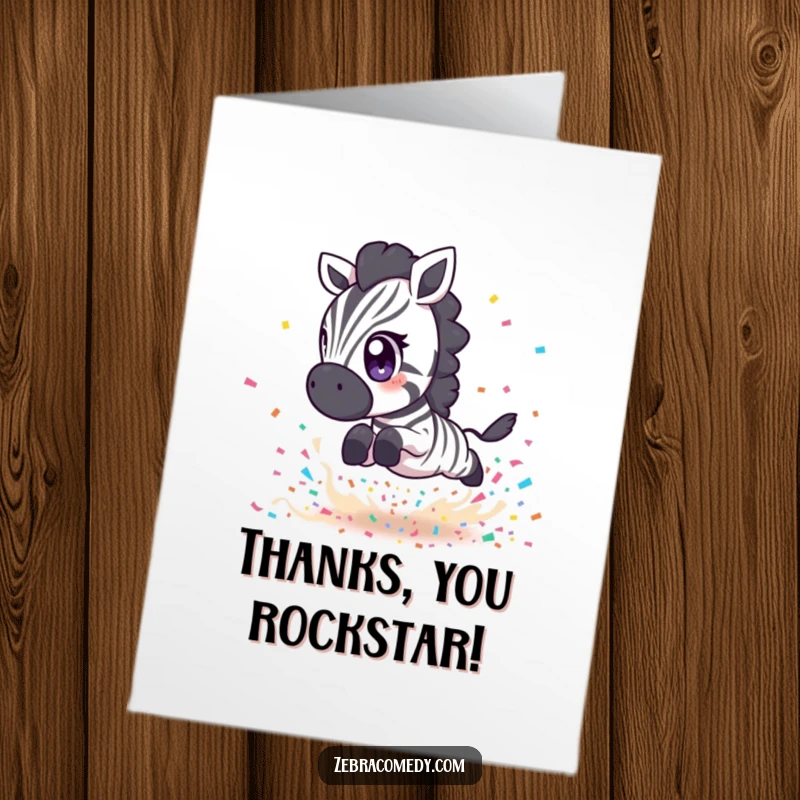Funny Free Printable Thank You Card: A small zebra with prominent eyes leaping over scattered confetti, conveying enthusiastic thanks.