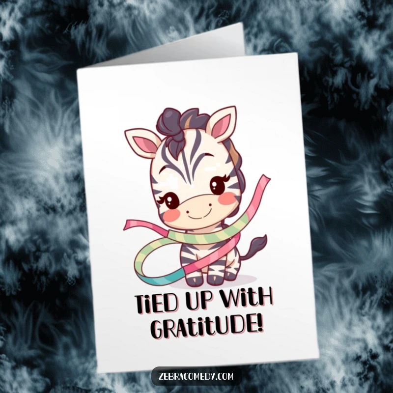 Funny Free Printable Thank You Card: Happy zebra entwined in whimsical ribbon, a delightful gift.