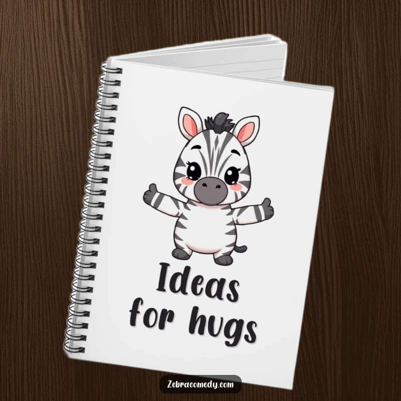 Funny hugging zebra notebook featuring a fuzzy zebra with open arms, perfect for jotting down thoughts with a side of humorous warmth.