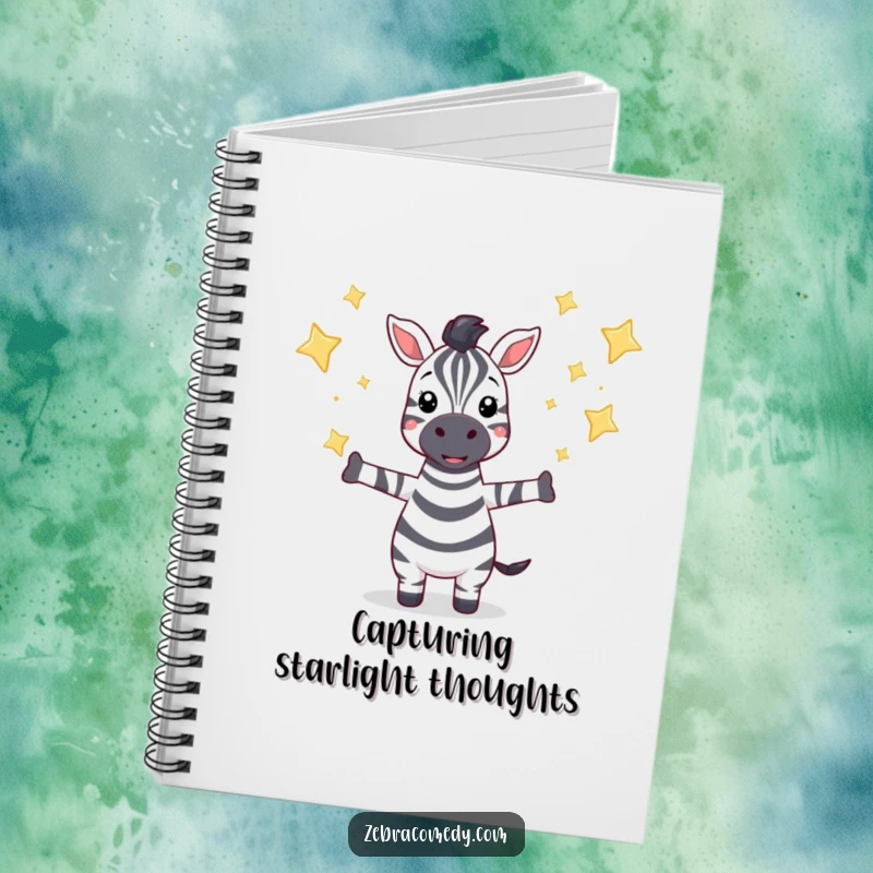 Funny notebook with a zebra character catching falling sparkling stars, perfect for journaling dreams and cosmic inspiration.