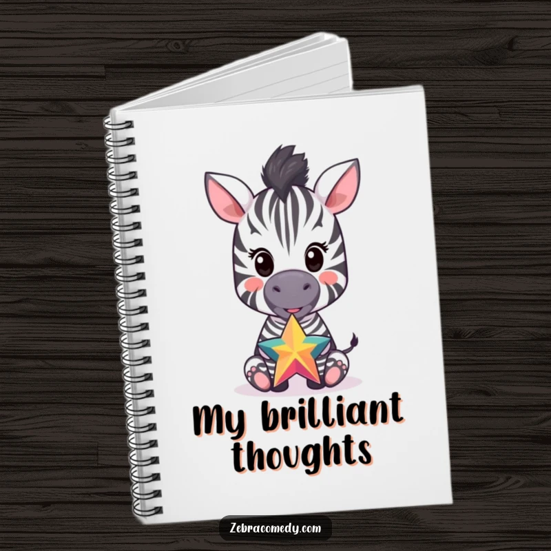 Funny notebook cover showing a happy zebra cub balancing a colorful star on its nose, inspiring creativity and lighthearted note-taking.