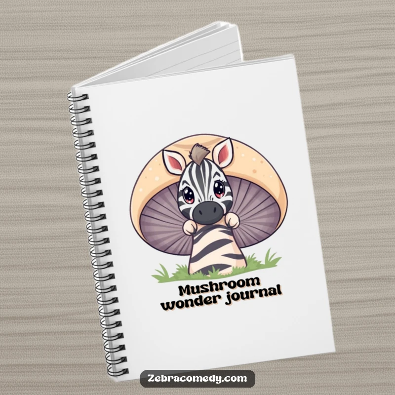 Funny zebra with wide, curious eyes peeking over a giant striped mushroom, a spacious notebook for curious minds.