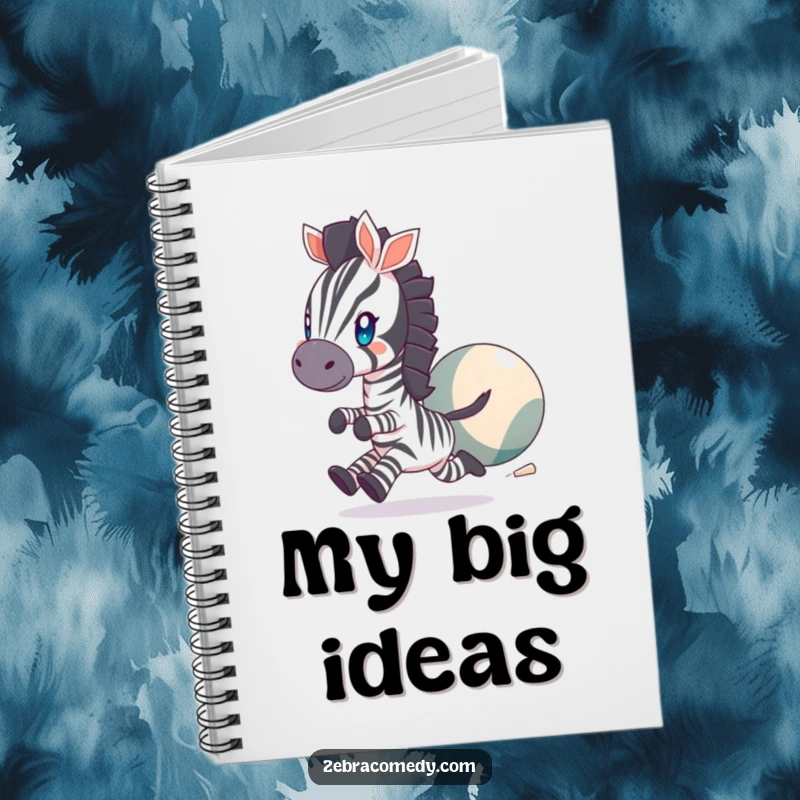 Funny Notebook with a cover depicting a zebra character with twinkling eyes, energetically chasing a large bouncing ball, ideal for notes.