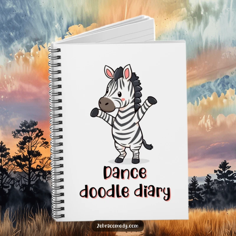 Funny zebra character performing a silly dance with front legs raised, a spacious notebook for capturing creative bursts.