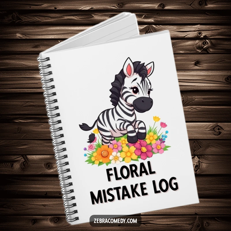 Funny zebra character comically slipping on colorful flowers, a spacious notebook for capturing ideas without mishap.