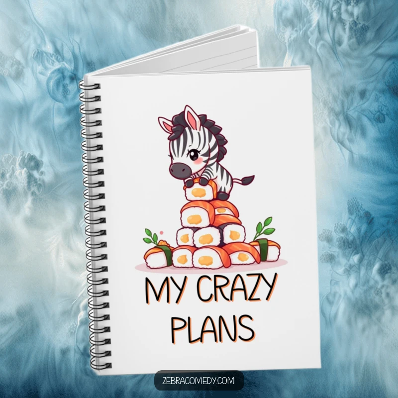 Funny Giddy Zebra Sushi Notebook: A dizzy zebra balancing on a tall stack of sushi, ready for notes.