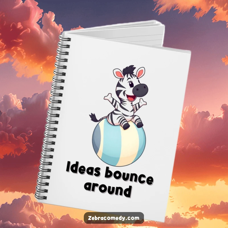 Funny zebra notebook cover featuring a joyful zebra with a wide grin bouncing on a large striped ball, perfect for playful note-taking.
