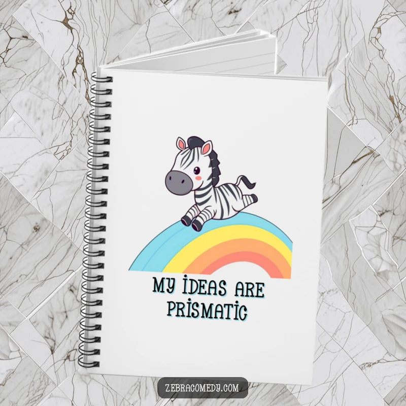 Funny Zebra Notebook: A grinning zebra sliding down a rainbow, perfect for jotting down humorous notes.
