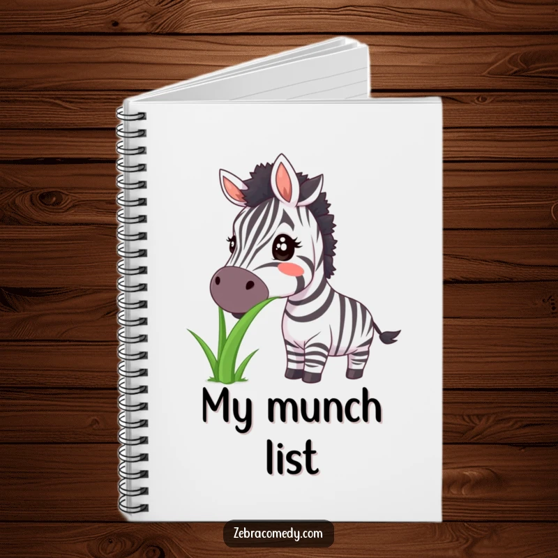 Funny zebra notebook showcasing a big smile while eating large grass, perfect for jotting down happy thoughts.