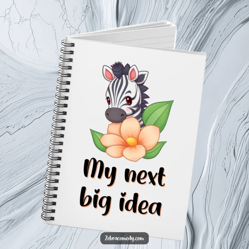 Funny zebra peeking from behind a large flower on a notebook cover, perfect for jotting down humorous thoughts.