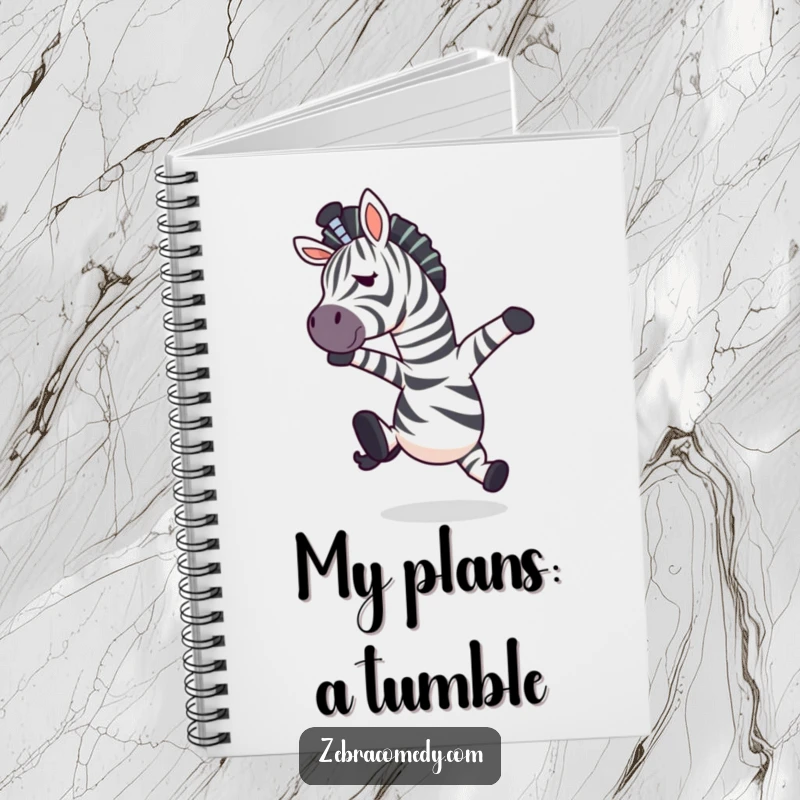Funny zebra character in a mid-air surprise pose after tripping on a notebook cover, encouraging humorous notes.