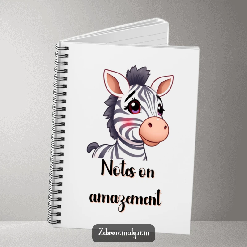 Funny zebra notebook, stripy ears perked, looking up in wonder, ideal for notes with a dash of curiosity.