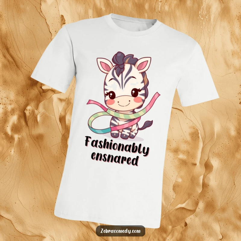 Funny t-shirt showcasing a smiling zebra character playfully entangled in a vibrant, whimsical ribbon, embodying happy chaos.