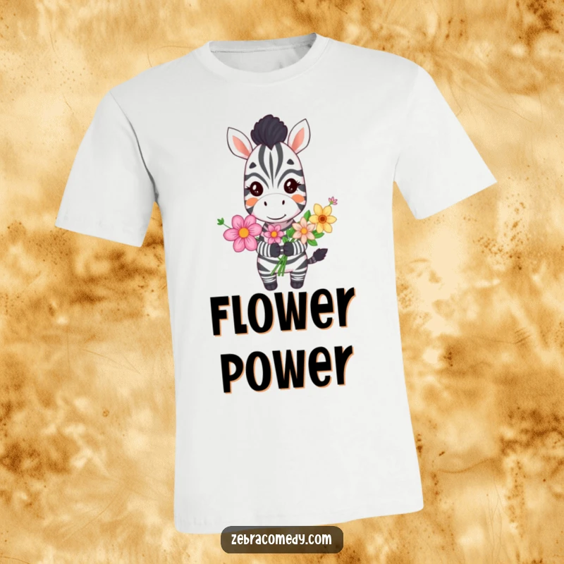 Funny silly zebra t-shirt featuring a grinning zebra holding a bright bouquet of flowers, perfect for spreading cheer and humor.