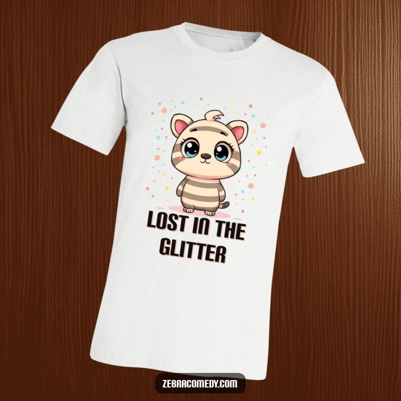 Funny t-shirt with a striped character displaying wide, curious eyes looking at a mesmerizing swirl of confetti resembling a galaxy, inspiring imagination.