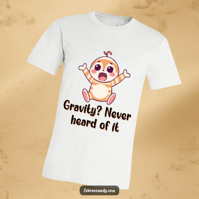 Funny t-shirt showcasing a surprised striped character in a dynamic, joyful mid-air jump, full of energy.