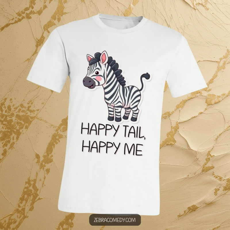 Funny zebra with exaggerated wavy stripes wiggling its tail joyfully, printed on a t-shirt.