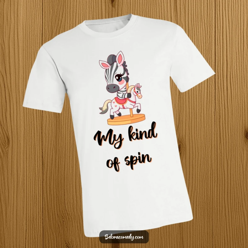 Funny T-Shirt of a zebra character with a sly wink, riding a small carousel horse, capturing a moment of playful mischief.