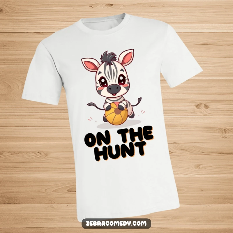 Funny zebra character with wide, joyful eyes mid-chase after a bouncy ball, printed on a t-shirt for playful wear.