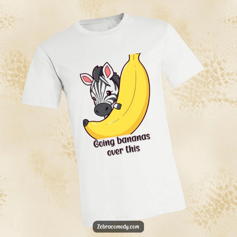 Funny t-shirt with an adorable zebra character peeking with amusement around a comically large banana, showcasing playful curiosity.