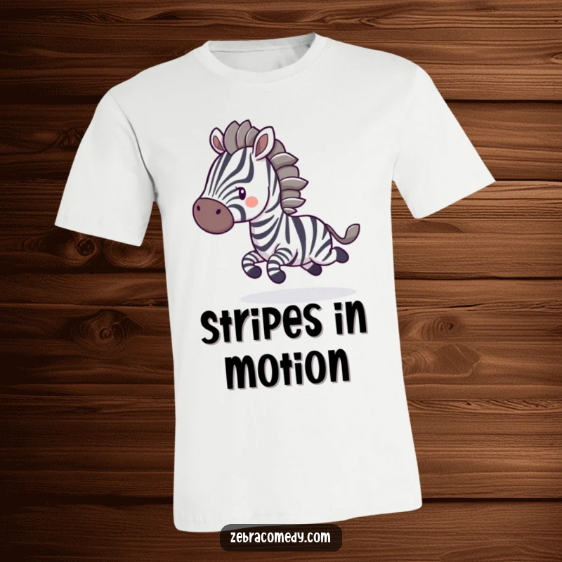 Funny T-Shirt: A zebra character joyfully bounces with blurred stripes, capturing a moment of pure, energetic fun and motion.