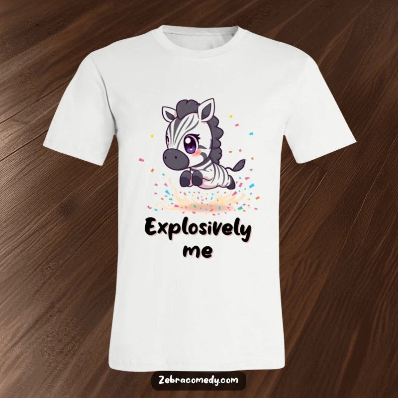 Funny Zebra T-Shirt: A cute zebra with large eyes leaping over a confetti explosion, energetic and fun, gift idea.