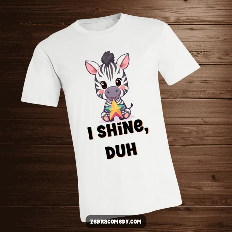 Funny t-shirt showcasing a happy zebra cub with a colorful star balanced on its nose, radiating pure delight and fun.